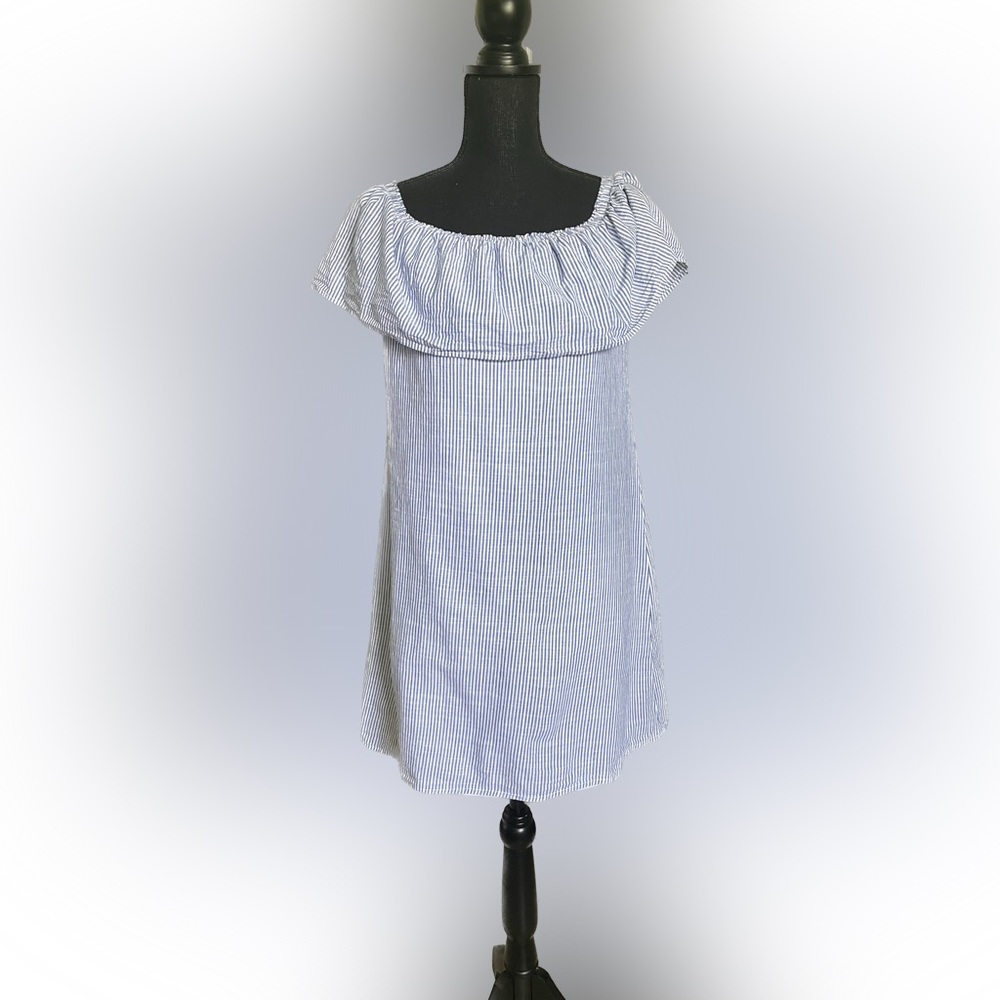 PerSeption Concept Blue Stripe Cotton Off Shoulder Sundress Lined Womens Sz s